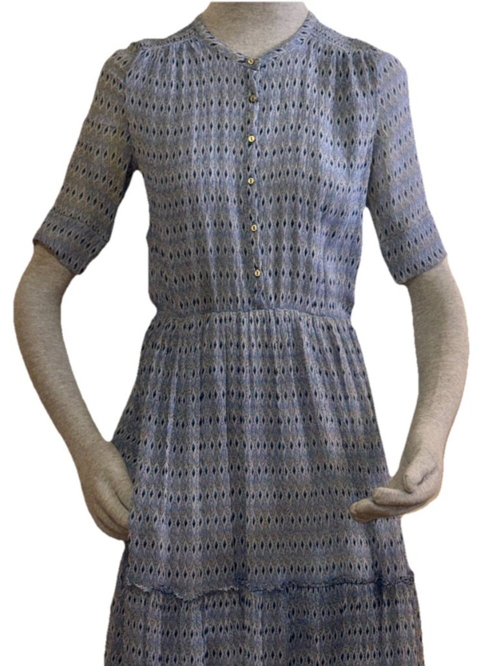 Ulla Johnson Blue Silk Diamond Pattern Elastic Waist Tiered Short Slv Dress sz S